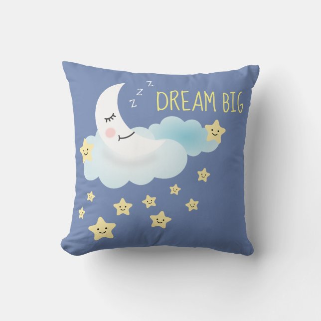 Moon and Stars Dream Big Illustration Blue Throw Pillow (Front)