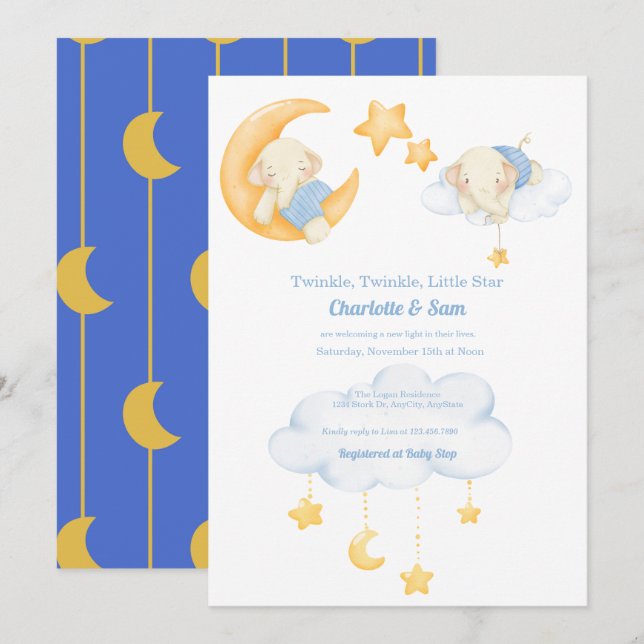 Moon and Stars | Elephant Baby Shower Invitations (Front/Back)