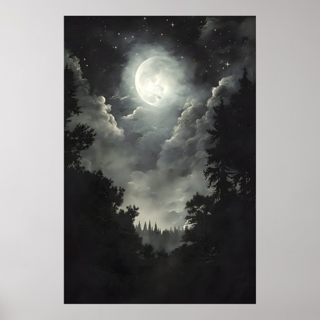 Moon and Stars Forest Print, Dark Academia Gothic Poster (Front)