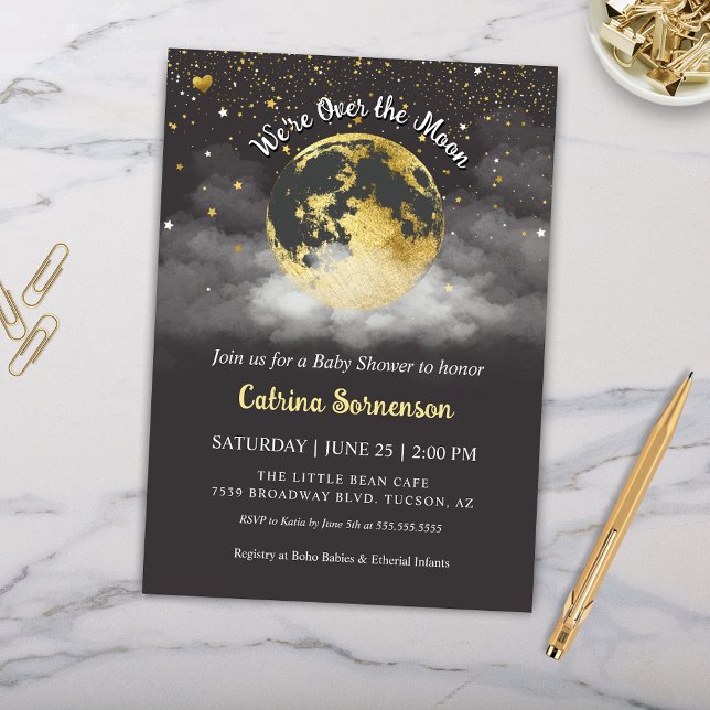Moon and Stars Gold Celestial Baby Shower Invitation (Modern Black and Gold Celestial Baby Shower Invitation with Over the Moon Theme)