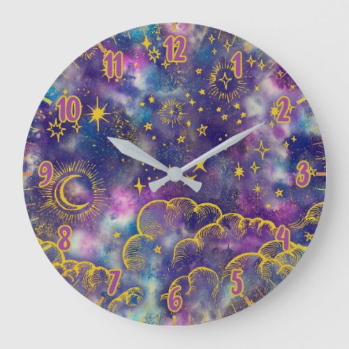 Moon and Stars  Gold Colorful Large Clock