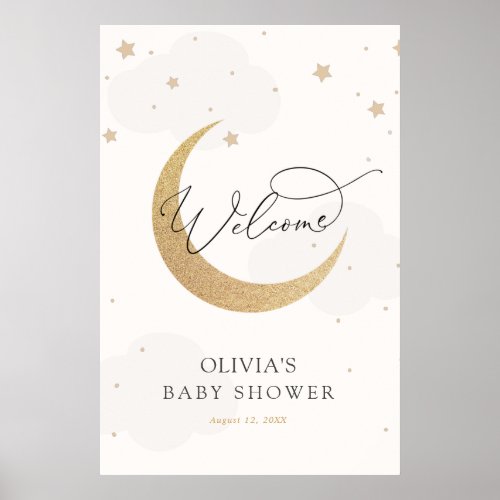 Moon and Stars Gray Baby Shower Welcome Sign