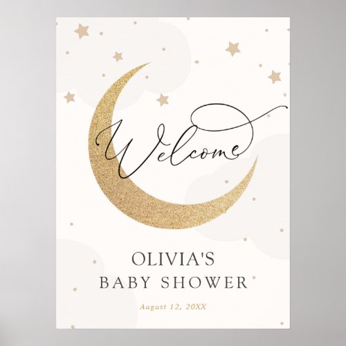 Moon and Stars Gray Baby Shower Welcome Sign