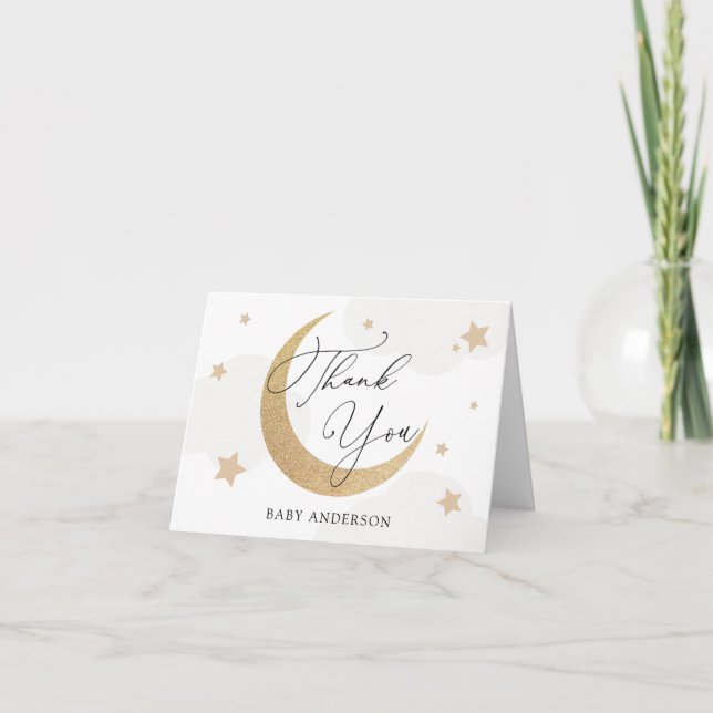 Moon and Stars Gray Clouds Baby Shower Thank You Card (Front)
