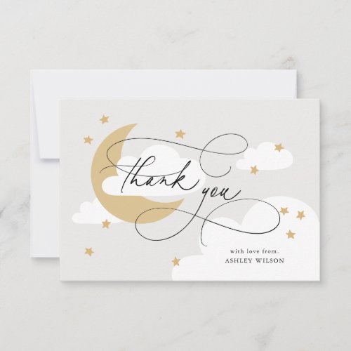 Moon and Stars Gray Gold Script Baby Shower Thank You Card