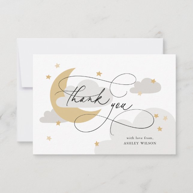Moon and Stars Gray Script Baby Shower Thank You Card (Front)