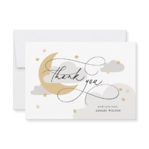 Moon and Stars Gray Script Baby Shower Thank You Card
