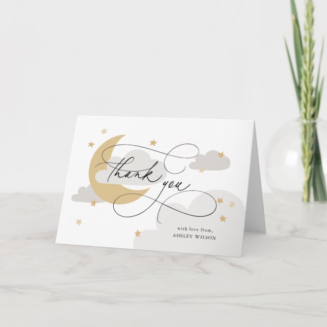 Moon and Stars Gray Script Baby Shower Thank You Card (Front)