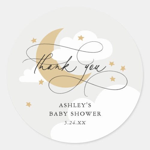 Moon and Stars Gray Script Baby Shower Thank You Classic Round Sticker