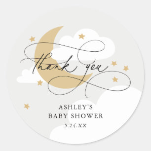 Moon and Stars Gray Script Baby Shower Thank You Classic Round Sticker