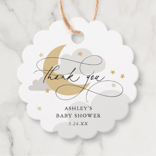 Moon and Stars Gray Script Baby Shower Thank You Favor Tags