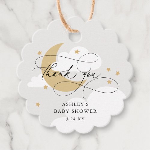 Moon and Stars Gray Script Baby Shower Thank You Favor Tags