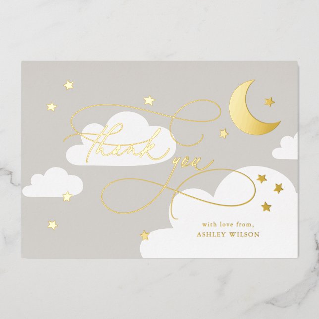 Moon and Stars Gray Script Baby Thank You Foil Invitation (Front)