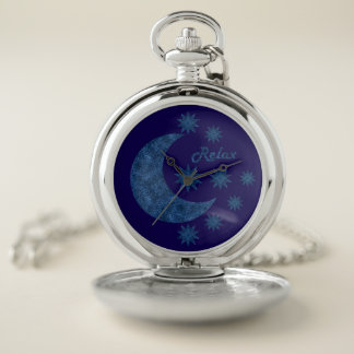 Moon and stars in a blue glitter look - Relax! Pocket Watch