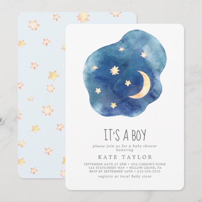 Moon and Stars It's A Boy Baby Shower Invitation (Front/Back)