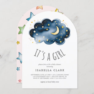 Moon and Stars It's A Girl Baby Shower Invitation