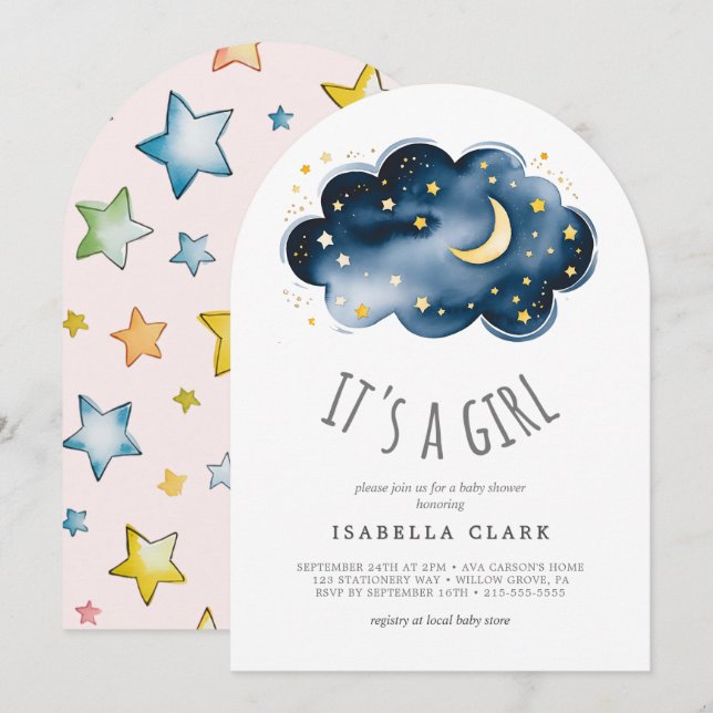 Moon and Stars It's A Girl Baby Shower Invitation (Front/Back)