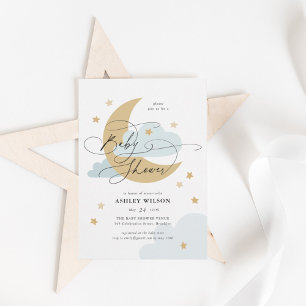Moon and Stars Matte Blue Script Baby Shower Invitation