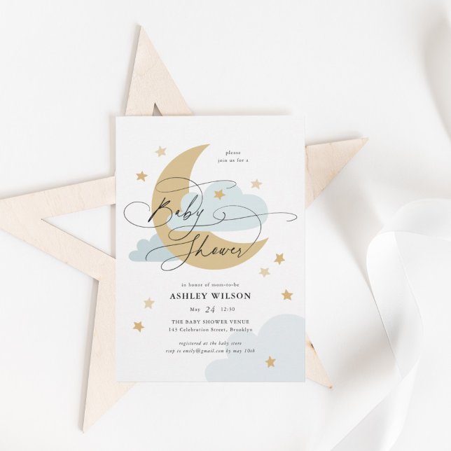 Moon and Stars Matte Blue Script Baby Shower Invitation (Creator Uploaded)