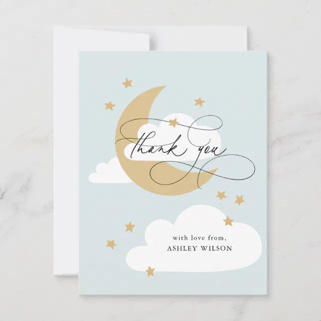 Moon and Stars Matte Blue Script Baby Shower Thank Thank You Card | Zazzle