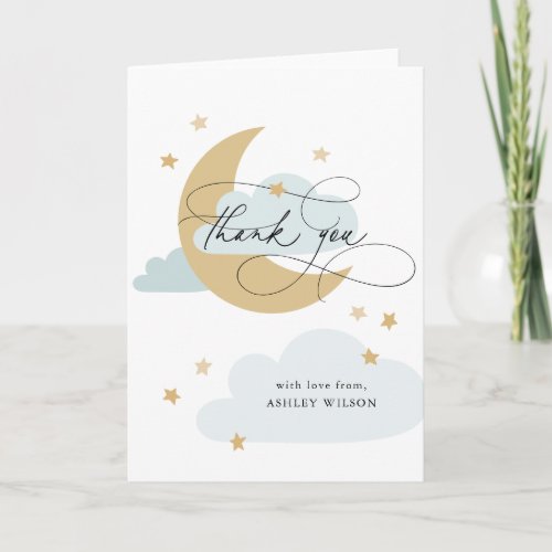 Moon and Stars Matte Blue Script Baby Shower Thank Thank You Card