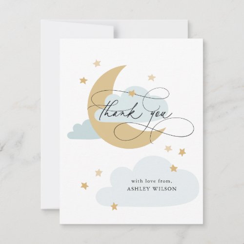 Moon and Stars Matte Blue Script Baby Shower Thank You Card