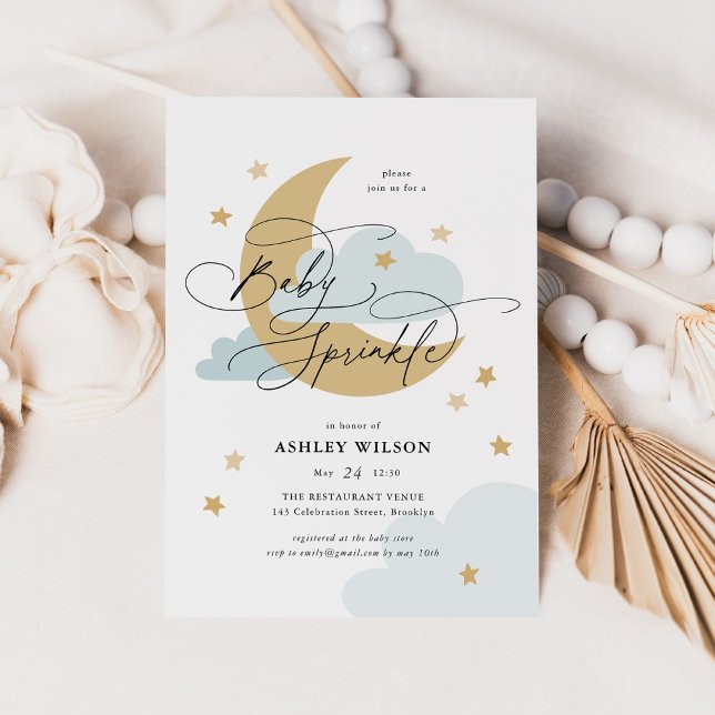 Moon and Stars Matte Blue Script Baby Sprinkle Invitation (Creator Uploaded)