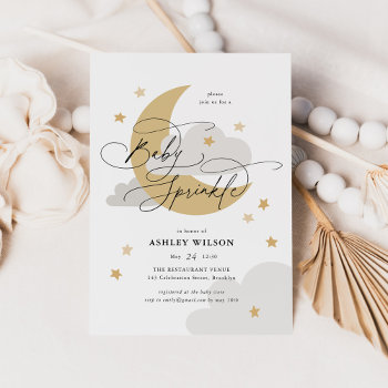 Moon And Stars Matte Neutrals Script Baby Sprinkle Invitation by NBpaperco at Zazzle