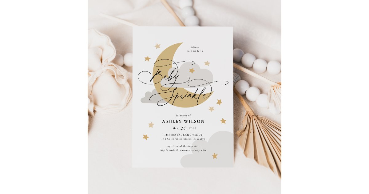 Moon and Stars Matte Neutrals Script Baby Sprinkle Invitation | Zazzle