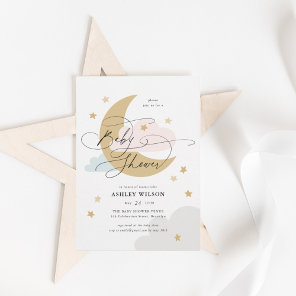 Moon and Stars Matte Pink Blue Script Baby Shower  Invitation
