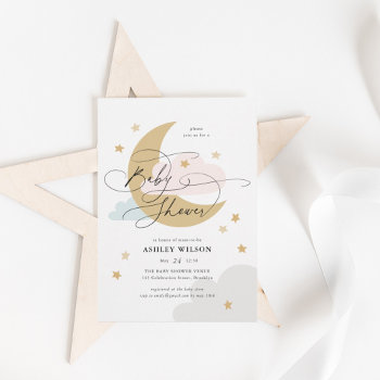 Moon And Stars Matte Pink Blue Script Baby Shower  Invitation by NBpaperco at Zazzle