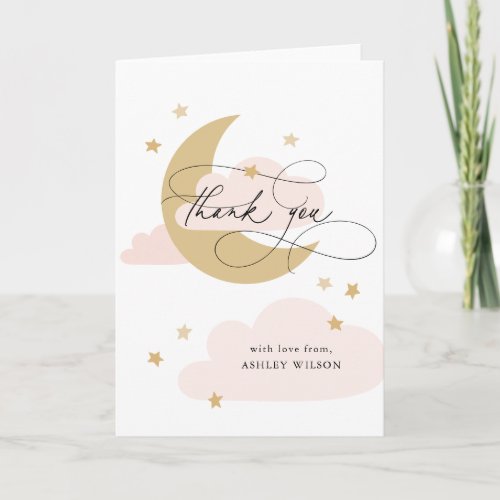 Moon and Stars Matte Pink Script Baby Shower Thank Thank You Card