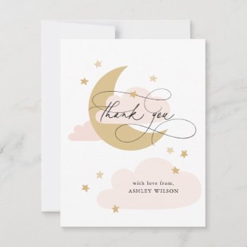 Moon And Stars Matte Pink Script Baby Shower Thank You Card by NBpaperco at Zazzle