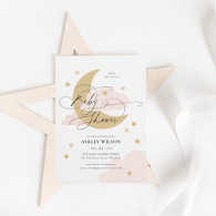 Moon and Stars Matte Pinks Script Baby Shower Invitation