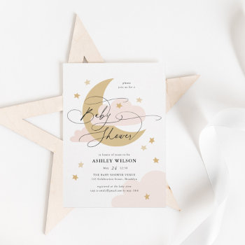 Moon And Stars Matte Pinks Script Baby Shower Invitation by NBpaperco at Zazzle