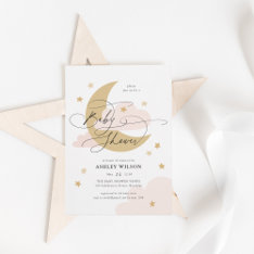 Moon And Stars Matte Pinks Script Baby Shower Invitation at Zazzle