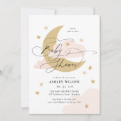 Moon and Stars Matte Pinks Script Baby Shower Invitation (Front)
