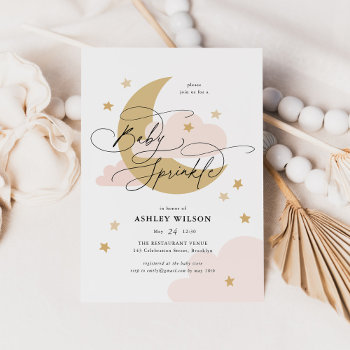 Moon And Stars Matte Pinks Script Baby Sprinkle Invitation by NBpaperco at Zazzle
