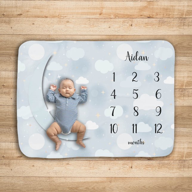 Moon and Stars Milestone Blue Baby Blanket (Creator Uploaded)