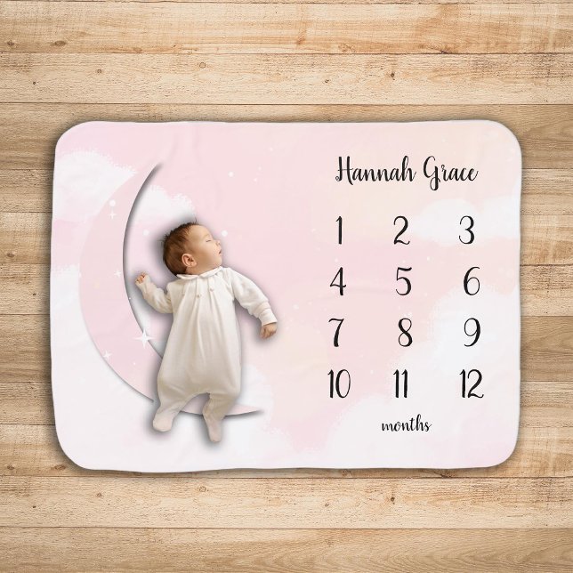 Moon and Stars Milestone Pink Baby Blanket (Creator Uploaded)