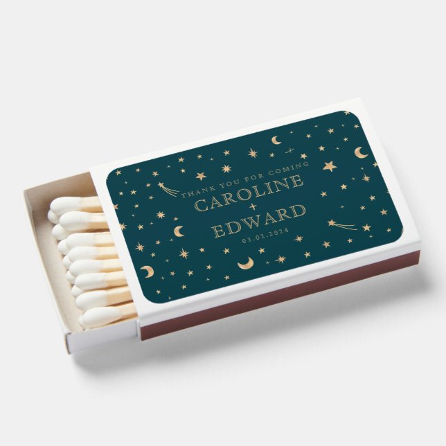Moon and Stars Mystical Gold Astronomy Wedding Matchboxes (Front Open)