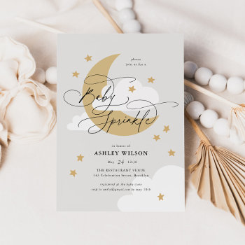 Moon And Stars Neutrals Elegant Script Baby Sprink Invitation by NBpaperco at Zazzle