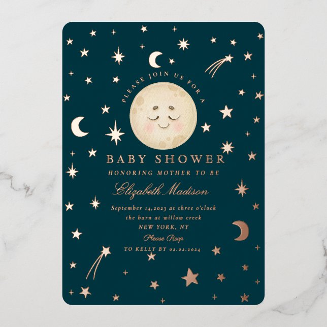 Moon and Stars Night Cute Baby Shower  Foil Invitation (Front)