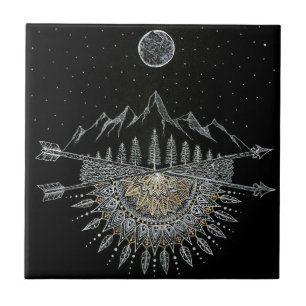 Moon and Stars Night Sky Mountain Range Mandala Ceramic Tile
