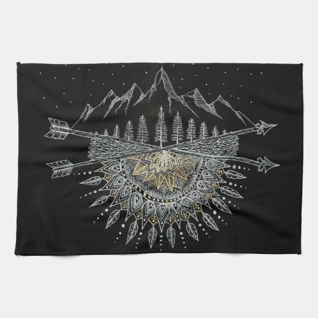 Moon and Stars Night Sky Mountain Range Mandala Kitchen Towel (Horizontal)