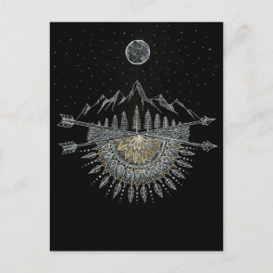 Moon and Stars Night Sky Mountain Range Mandala Postcard