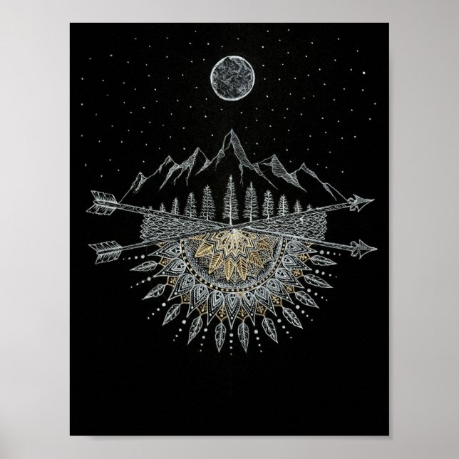 Moon and Stars Night Sky Mountain Range Mandala Poster (Front)