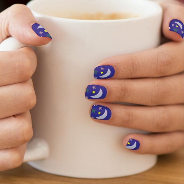 Moon and stars on navy blue minx nail art (Insitu - Mug)