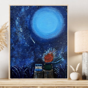 Moon and Stars Painting Navy Blue Reading Fine Art Poster