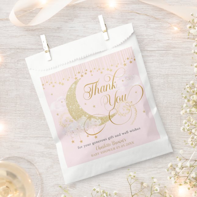 Moon and Stars Pastel Pink Baby Shower Thank You Favor Bag (Clipped)